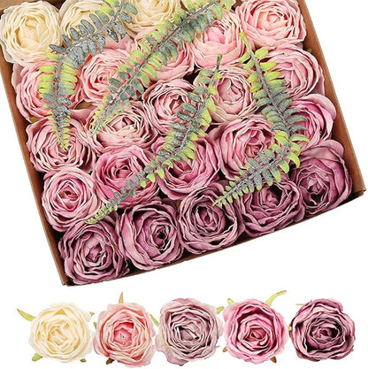 IPOPU Roses Heads Dried Silk Flowers 25PCS Fake Roses Heads for Floral Arrangements Roses Artificial Flowers for Silk Bouquet Bulk Wedding Flowers in Purple Bulk Silk Roses (Light Pink Purple Mixed)
