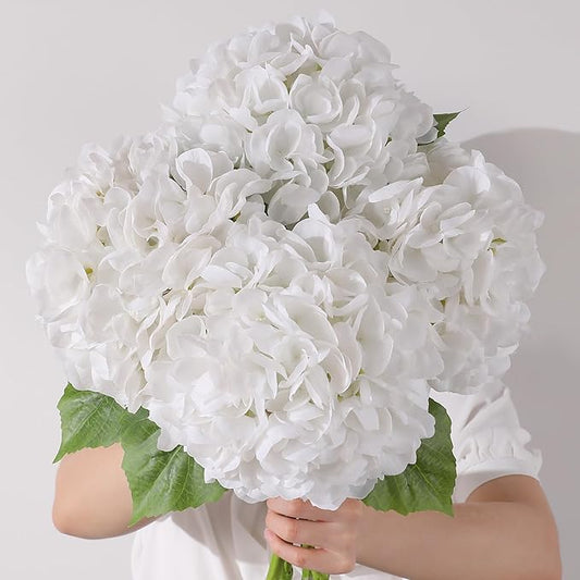 4Pcs Hydrangea Artificial Flowers, 22.44" Real Touch Latex Faux Hydrangea with Long Stems & Leaves for Home Office Decor or Wedding, Party, Centerpieces, Floral Arrangements (White)