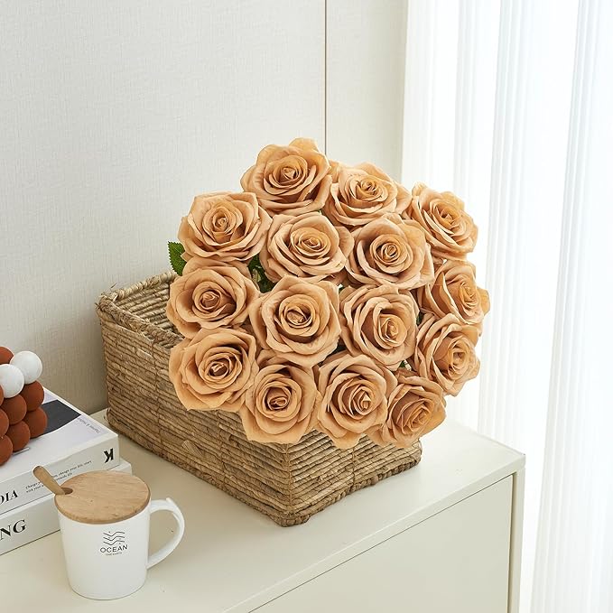 15pcs Fake Roses Artificial Silk Flowers Faux Rose Flower Long Stems Bouquet for Arrangement Wedding Centerpiece Party Home Kitchen Decor