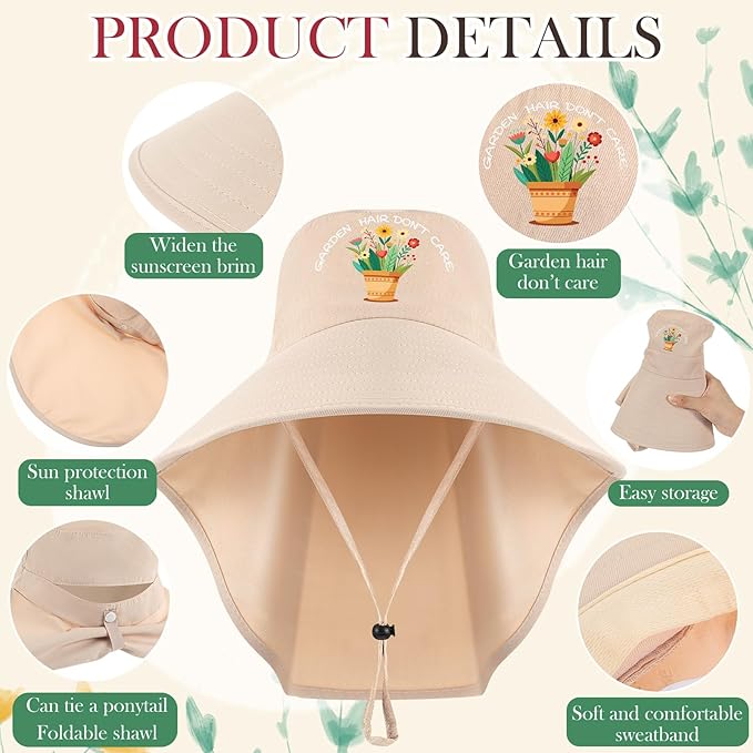 Garden Hats for Women Gardener Gifts Sun Protection Wide Brim Embroidered Hat with Neck Flap for Christmas Birthday