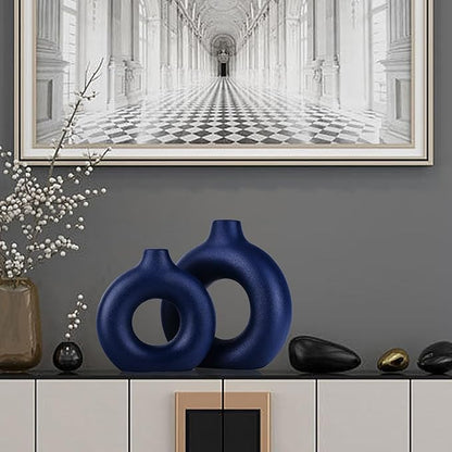 Navy Blue Vase Decor Donut Vase Set of 2 - Circle Hollow Vases, Modern Matte Ceramic Vases for Entryway Living Room Bedroom Dining Table Centerpiece Office Home Decor