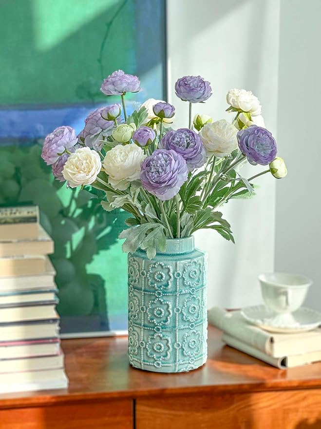 7 pcs Peonies Artificial Flowers, Purple Champagne Ranunculus Artificial Flowers, Fake Peonies for Home Office Centerpiece Table Decorations, Dining Table Centerpiece (Purple+Champagne)