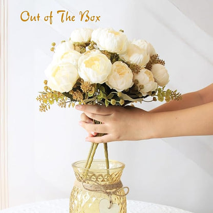Fake Flowers in Vase,Fake Flowers with Vase 21 Pcs Faux Peony Flowers,Artificial Flowers for Home Decor, Indoor Centerpiece for Living Room & Dining Table (White)