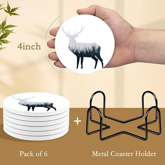 Drink Coasters with Holder,6 Pcs Deer Misty Forest Absorbent Ceramic Coasters with Cork Base,Cute Funny Table Drinks Coasters,Table Home Decor,4 Inches