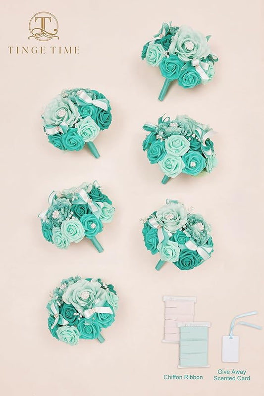 TINGE TIME Bridesmaid Bouquets for Wedding Set of 6 Teal Blue 7 Inch Wedding Bouquets Artificial Silk Flowers Bridal Bouquets for Bridesmaids, Wedding Decor, Anniversary