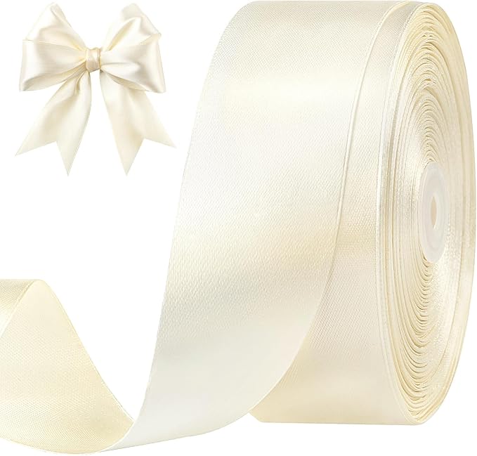 1-1/2 Inches 100 Yards Ivory Satin Ribbon, Solid Fabric Ribbon Roll for Flower Bouquets, Gift Wrapping, Wedding, Handmade Crafts