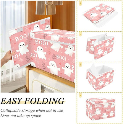 Halloween Baskets Collapsible Storage Bins with Lids, Ghost Love Grass Storage Boxes Clothes Baskets for Organizing