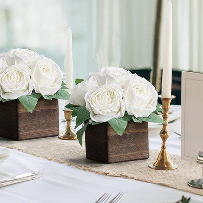 Dining Table Centerpiece Set of 3 - Pre-Made Aritifial Rose with Wooden Vase Fake Floral Arrangment Faux Flower for Wedding Bridal Tea Party Event Decorations - White