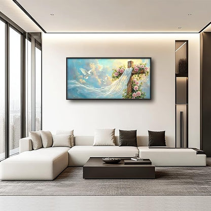 Christian Cross Large Wall Art Religious Faith Hope Pictures Wall Decor Dove Flowers Heaven Canvas Painting Prints Framed Artwork Home Church Decorations for Prayer Bedroom Living Room 60"x30"