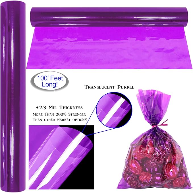 AnapoliZ Cellophane Wrap Roll Purple | 100’ Ft. Long X 16” in. Wide | 2.3 Mil Thick Translucent Purple | Gifts, Baskets, Treats, Cellophane Wrapping Paper | Colorful Cello, Baby Shower Decorations