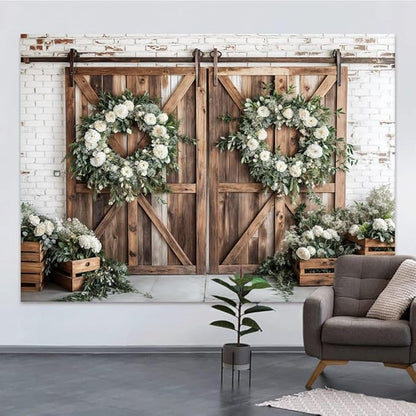 Rustic Barn Door Photography Backdrops, White Flower Wood Brown Barn Door Backdrop, Wedding Birthday Party Decors Photo Booth Props 15x10ft