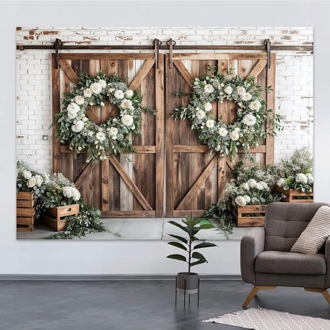 Rustic Barn Door Photography Backdrops, White Flower Wood Brown Barn Door Backdrop, Wedding Birthday Party Decors Photo Booth Props 7x5ft