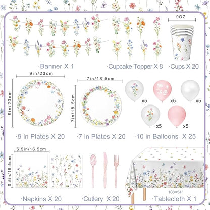 175 PCS Spring Wildflower Party Decorations include Plates, Cups, Napkins, Cutlery, Cake Toppers, Banner, Tablecloth, Balloons for Floral Baby Shower Birthday Decorations, Serves 20