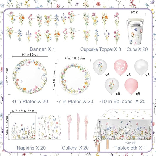 175 PCS Spring Wildflower Party Decorations include Plates, Cups, Napkins, Cutlery, Cake Toppers, Banner, Tablecloth, Balloons for Floral Baby Shower Birthday Decorations, Serves 20