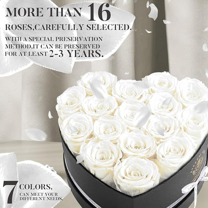 16-Piece Forever Flowers Heart Shape Box - Preserved Roses, Birthday Gifts for Women- Flower Delivery Prime, Valentines, Anniversary, Wedding Gifts- White Roses