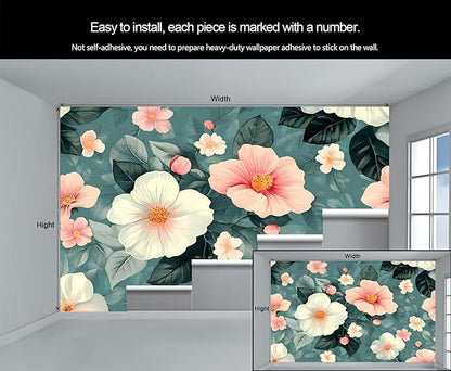 Vintage Hibiscus Flower Wall Mural, Romantic Floral 3D Wall Murals, Botanical Bloom Design Wallpaper Mural, for Living Room Bedroom Large Wallpaper Indoor Decor 137.8" W x100 H