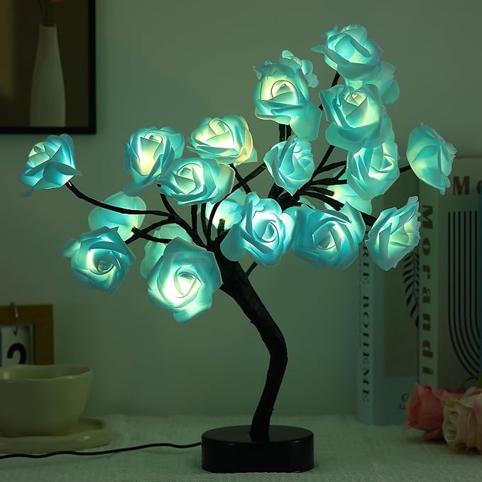 Drawelry Rose Flower Tree Lamp - LED Rose Tree Table Lamp USB/Battery Powered Artificial Bonsai Flower Night Light for Bedroom Living Room Party Wedding Birthday Decor (Blue)