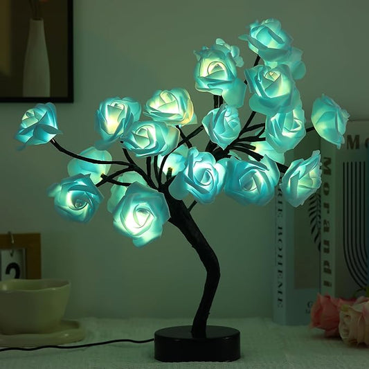 Drawelry Rose Flower Tree Lamp - LED Rose Tree Table Lamp USB/Battery Powered Artificial Bonsai Flower Night Light for Bedroom Living Room Party Wedding Birthday Decor (Blue)