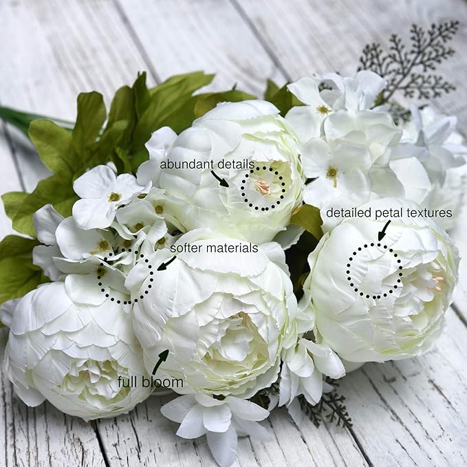 FiveSeasonStuff Vintage Artificial Peonies Silk Peony Flowers and Hydrangeas for Wedding Bridal Home Décor – Beautiful Floral Centerpiece Arrangement Decoration with 2 Bouquets (Ivory White)