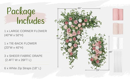 Wedding Arch Flowers with Drapes Kit (Pack of 5) - 2pcs Artificial Dusty Rose Deluxe Swag with 3pcs Hanging Sheer Drapes for Wedding Ceremony Arbor Reception Backdrop Rose Floral Decoration