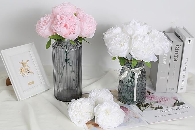 Peony Artificial Flowers 16pcs Fake Peonies Bulk White Silk Flowers Faux Peony Flowers Silk Peonies Heads with Stem Realistic Flowers for Home Wedding Party Festival Decor (Pure White)