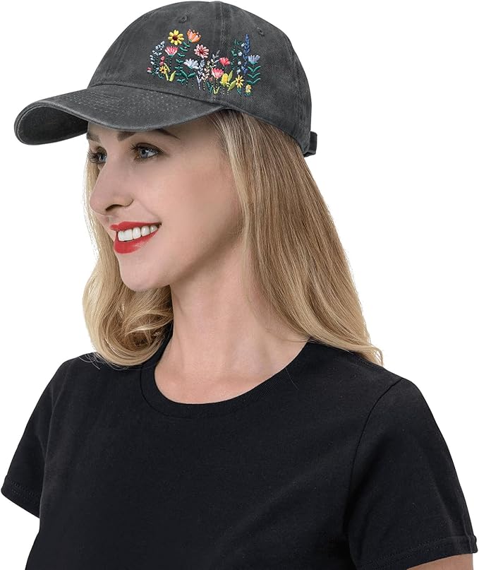Cute Flower Hat, Elegant Floral Embroidered Adjustable Baseball Cap for Men Women, Gifts for Flower Lovers, Black