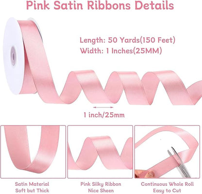 Pink Ribbon 1 Inch 50 Yards Pink Bows Satin Ribbon for Leis Hair Garland Crafts Garden Decor Baby Shower Wedding Christmas Gift Wrapping Decorations