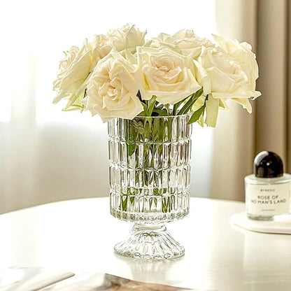 BLOFLO Embossed Glass Vase, 7'' Crystal Glass Vases, Pedestal Big Base Glass Bouquet Vase, Hydroponic Glass Transparent Vase for Home Office Wedding Dining Table Party (Ribbed Pattern)