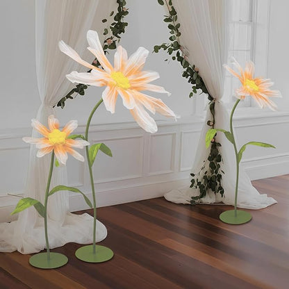 3Pcs Wedding Artificial Daisy Flowers Giant Artificial Paper Flowers Artificial Daisy Flower 3-Head Giant Fake Flowers with Standing Stems and Base for Wedding Wall Party Decor