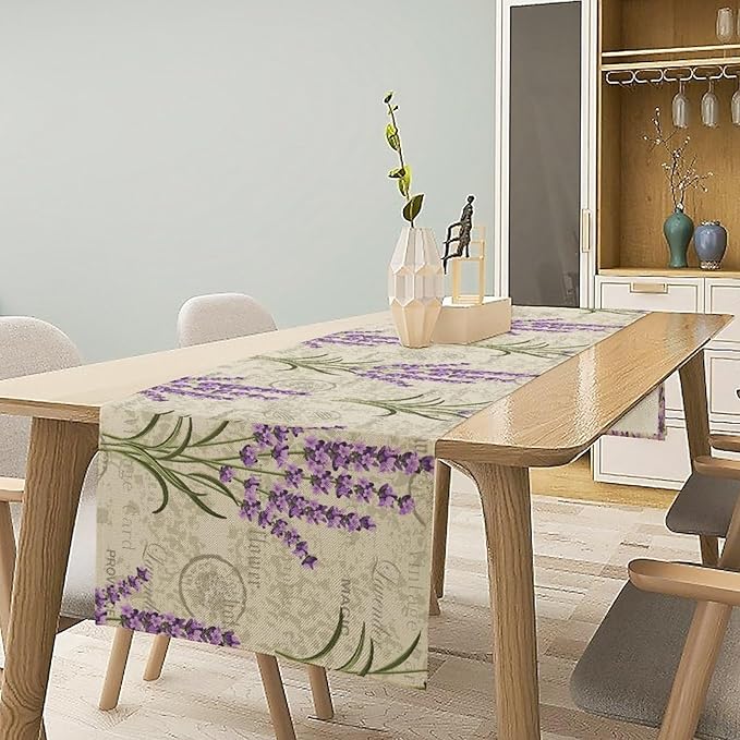 Floral Lavender Table Runner,Vintage Rustic Country Romantic Purple Flower Pattern Print Burlap for Hotel Indoors Outdoor Dining Room Kitchen Home Decor, 13x90in
