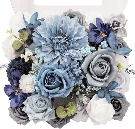 TINGE TIME Artificial Flowers Dusty Blue Flower Combo for DIY Wedding Bouquets Table Centerpieces Arrangements Party Baby Shower Home Decorations