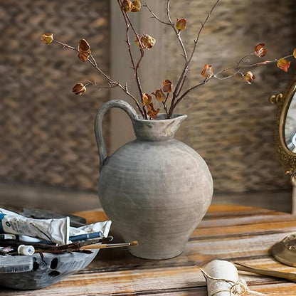 Ceramic Rustic Farmhouse Vase with Handle, 8.7 Inch White Gray Vintage Vase, Rustic Ceramic Pottery for Home Decor, Farmhouse Decor Centerpiece for Kitchen, Living Room, Entryway