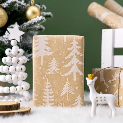 WRAPAHOLIC Kraft Christmas Wrapping Paper Roll - Mini Roll - 3 Rolls - 17 Inch X 120 Inch Per Roll - White Christmas Tree, Reindeer, Snowflake Holiday Collection