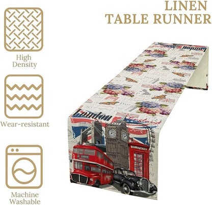 British Table Runner, Seasonal Vintage Floral England London Culture Element Coffee Table Center Decor for Home Kitchen Dining Patio Holiday Party Table Decorations 13x72 inches
