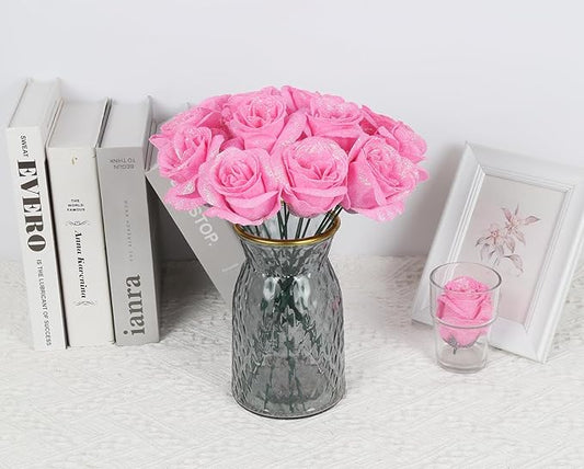 Artificial Roses,30PCS Fake Pink Glitter Roses Bouquet Bling Flowers for DIY Crafts Wedding Bouquet Party Home Decor(Pink)