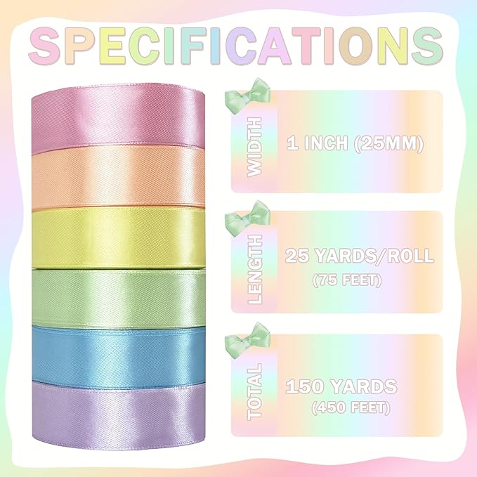 150 Yards Macaron Satin Ribbon 1 Inch 6 Rolls Assortment Ribbons for Crafts Gift Wrapping Flower Bouquet Wedding Invitations Birthday Party Festival Decoration Hair Bows