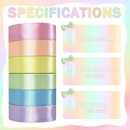 150 Yards Macaron Satin Ribbon 1 Inch 6 Rolls Assortment Ribbons for Crafts Gift Wrapping Flower Bouquet Wedding Invitations Birthday Party Festival Decoration Hair Bows