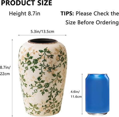 Vintage Green and Beige Flower Vase,Retro Chinoiserie Vase,Farmhouse Antique Decorative Ceramic Vases for Home Decor,Bookshelf, Dining Table, Coffee Table,Mantel,Grand Millennial Decor (H8.7 Inch)