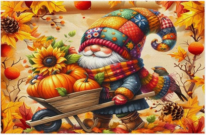 Autumn Gnome Pumpkin Flower Placemats Set of 1 PVC Vinyl Non Slip Table Mats Heat Resistant Place Mats Washable Wipeable Dining Table Mat for Kitchen Decor Party Indoor Outdoor Decorative Gift