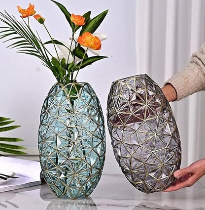 Hand Painted Gold and Grey Diamond Shaped Glass Crystal Vase 13.6 inch Tall,Modern Large Glass Home Office Decor for Living Room Dining Table Centerpieces, Birthday and Wedding