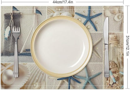 Nautical Themed Placemats Coastal Lighthouse Starfish Collage Plaid Art Printed Dining Table Mats Set of 4 for Restaurant Home Kitchen Holiday Picnic Party Decor 12x18in