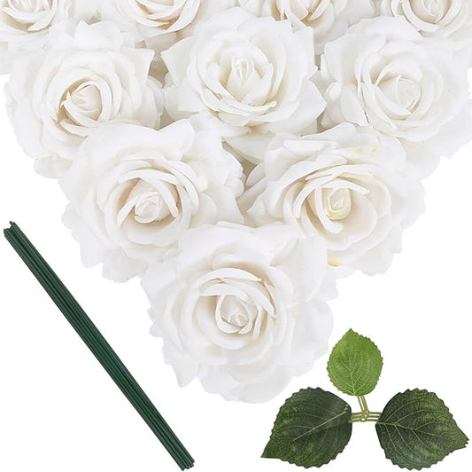 IPOPU 5 Inches White Artificial Large Rose Flower Head Fake Silk Rose with Stem Fake Flowers Bulk for DIY Gifts White Wedding Bouquet Arrangements Home Party Decor