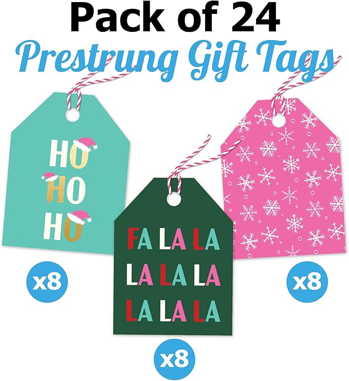 Pro Supply Global 24 Count of 2.5 Inch x 3 Inch Pre Strung Christmas FA La La Gift Tag Assorted Printed Designs on Large Cardstock Gift Hang Tags - Ideal to Use on Bags