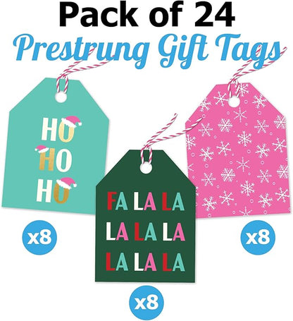 Pro Supply Global 24 Count of 2.5 Inch x 3 Inch Pre Strung Christmas FA La La Gift Tag Assorted Printed Designs on Large Cardstock Gift Hang Tags - Ideal to Use on Bags