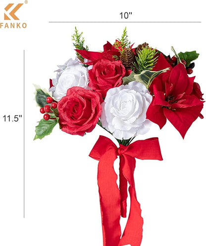 FANKO Christmas Artificial Flowers Rose: Red Poinsettias Artificial Fake Silk Red & White Rose Combo Set for DIY Tree Decor Xmas Wreath Floral Arrangements Centerpieces