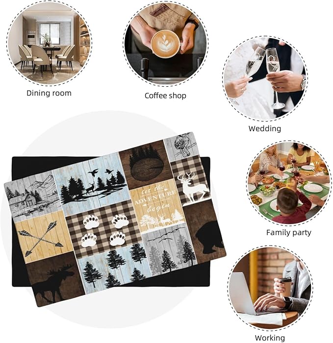 Rustic Lodge Bear Deer Placemats 4 Pcs,Vintage Cabin Pine Cone Plaid Place Mats,Linen Dining Table Mats Home Kitchen Decor, 18 X 12 Inch 4 PCS, Style-22