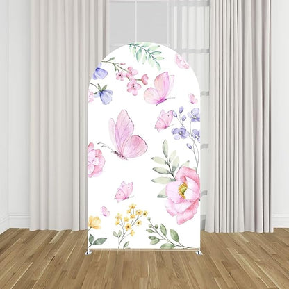 KONPON Pink Butterfly Arch Fabric Backdrop Covers Spring Theme Stretchy Arched Cover for Girls Birthday Baby Shower Party Decoration Supplies (No Stand!)