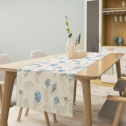 Starfish Table Runner,Vintage Nautical Seashell Tropical Beach Theme Coastal Ocean Sea Burlap for Hotel Indoors Outdoor Dining Room Kitchen Tablecloth, 13x36in