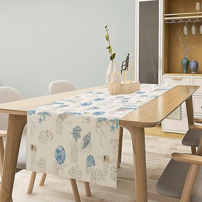 Starfish Table Runner,Vintage Nautical Seashell Tropical Beach Theme Coastal Ocean Sea Burlap for Hotel Indoors Outdoor Dining Room Kitchen Tablecloth, 13x108in