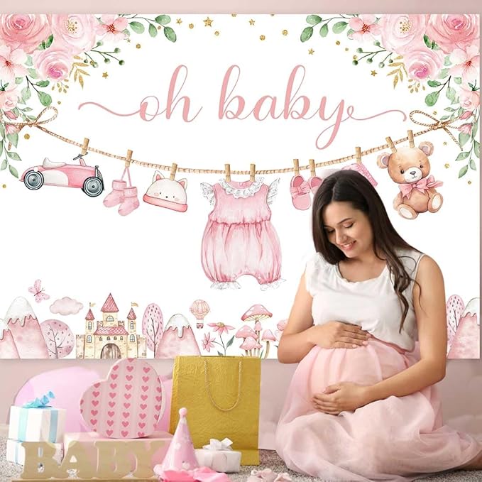 Sensfun Cute Clothes Baby Shower Backdrop for Girls Oh Baby Girl Newborn Pink Floral Eucalyptus Leaves Adventure Baby Shower Party Decorations Banner Supplies Photo Booth Studio Props 8x6ft